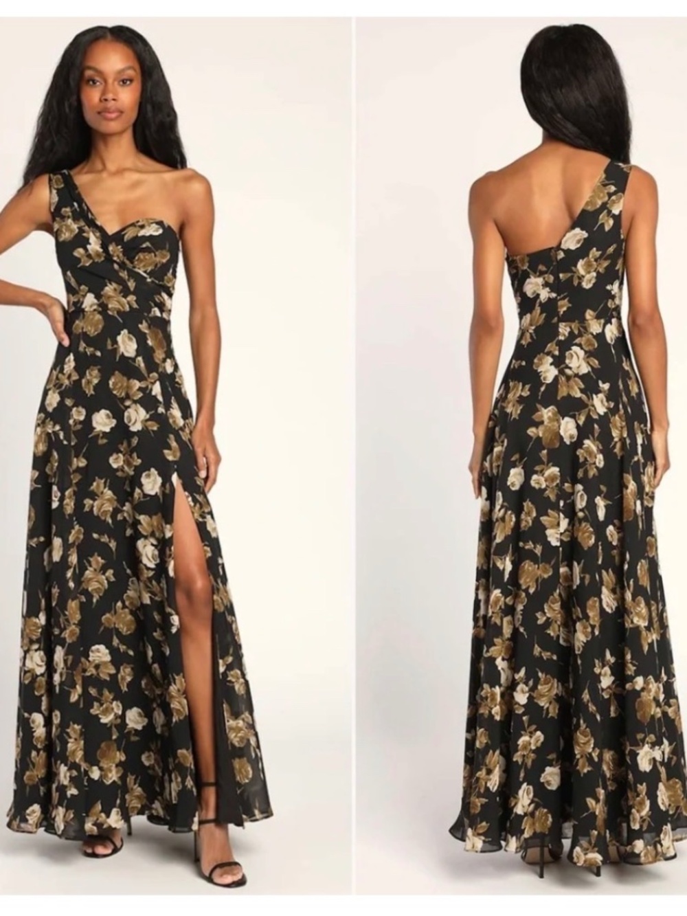 NWT Lulus Fashionably Refined Black Floral Print One-Shoulder Maxi Dress S